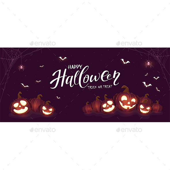 Halloween Banner with Pumpkins and Spiders on Purple Background