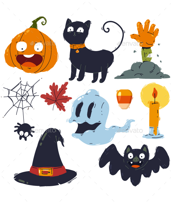 Halloween Symbols Vector Cartoon Set.