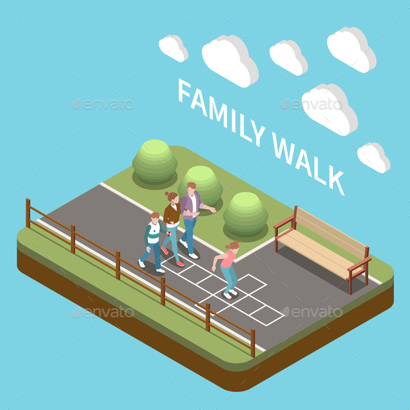 Family Leisure Playing Isometric People Composition