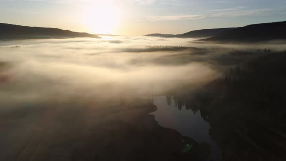 Aerial view of sunrise with fog above lake Schluchsee, Germany