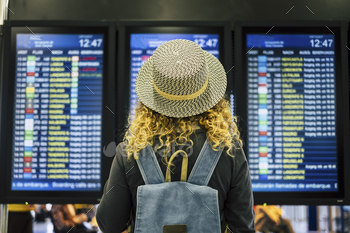 – view from rear of a blonde curly female woman with blue backpack looking and checking time departures or arrivals on the displays screen