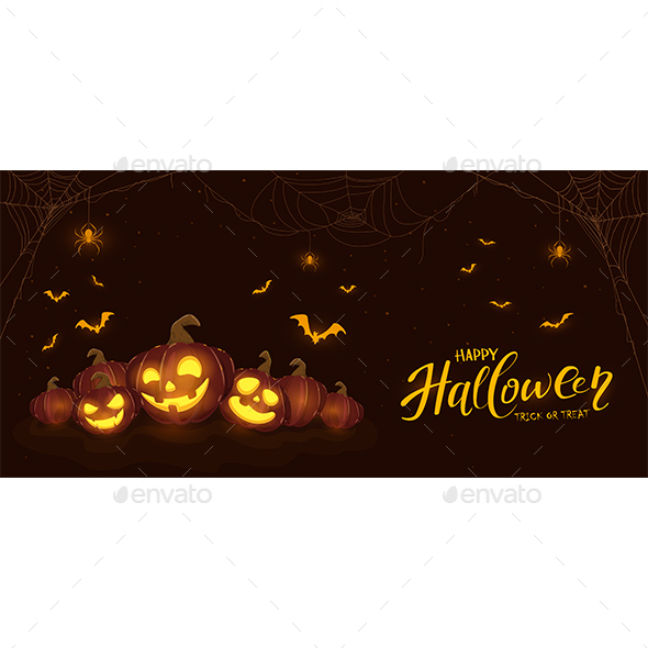 Halloween Theme with Pumpkins and Spiders on Black Background
