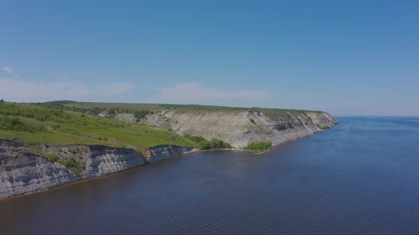 Steep Bank of the River From a Bird's Eye View. Bank of the Volga River in Russia. Aero 