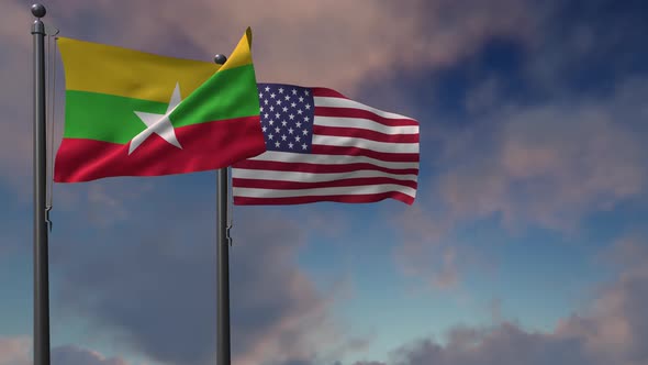 Myanmar Flag Waving Along With The National Flag Of The USA - 4K