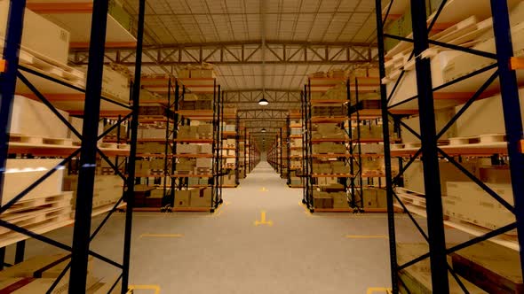 Ride through the warehouse interior with infinite packages amount. Loopable. HD