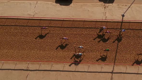 Aerial view of a group of camels during a race in the desert of Ras Al Khaimah.