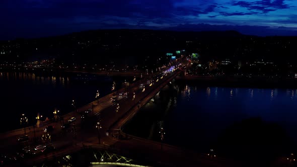 Drone Wide View of Danube River and Budapest City Skyline at Night Time