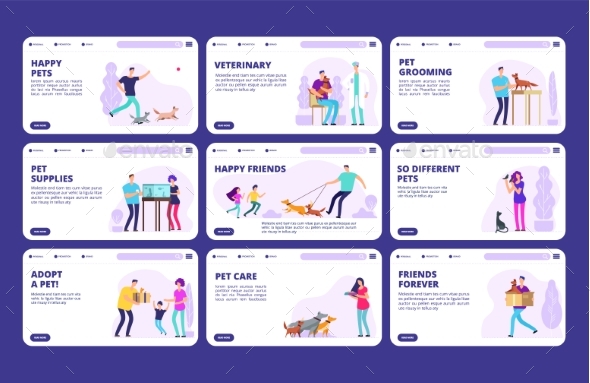 People with Pets Landing Pages Template. Vector