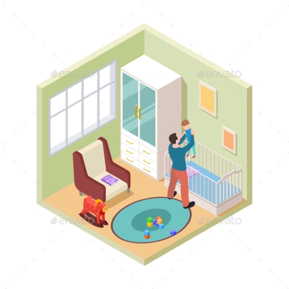 Nursery Interior. Isometric Father and Son in Kids