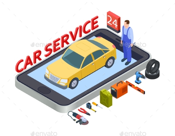 Auto Services Mobile App. Isometric Car Service