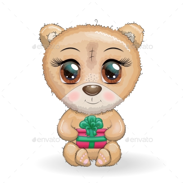 Cute Cartoon Bear with Big Eyes and a Christmas
