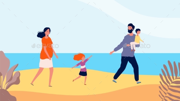 Happy Family Walking on Beach. Travel Time, Mother