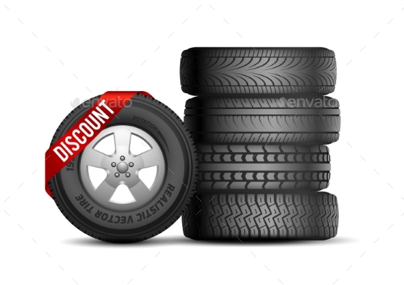 Tires Discount. Isolated Realistic Rubber Car