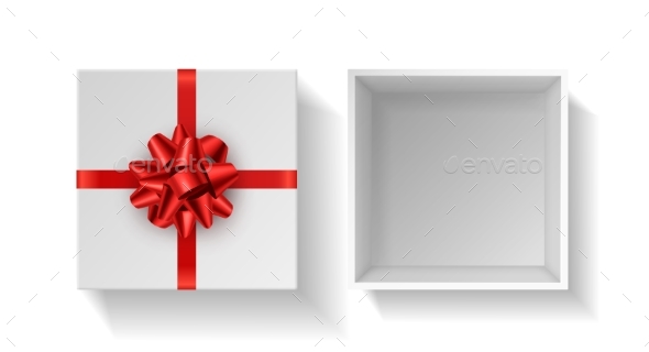 Present Box with Red Bow. Top View Gift White Open