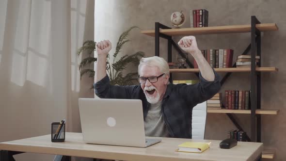 Euphoric Happy Senior Man Looking at Laptop Monitor Celebrating Lottery Win