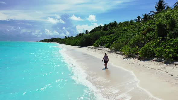 Lady alone tanning on tranquil sea view beach journey by aqua blue ocean and white sand background o