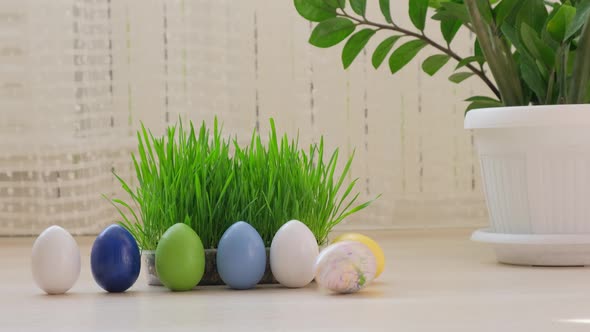 Easter Colourful Eggs Rolling on Wooden Coating