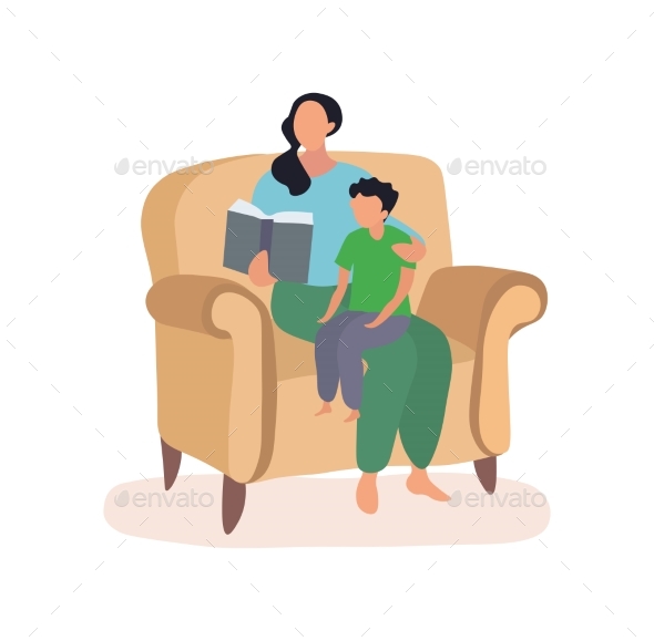 Mother and Son Sitting in a Chair Reading a Book
