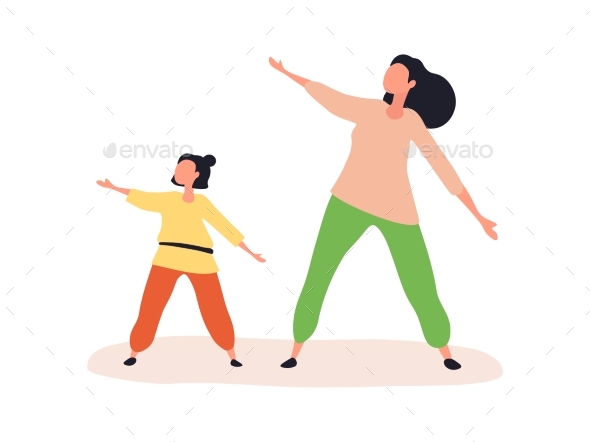 Mom and Daughter Performing Sports Exercises