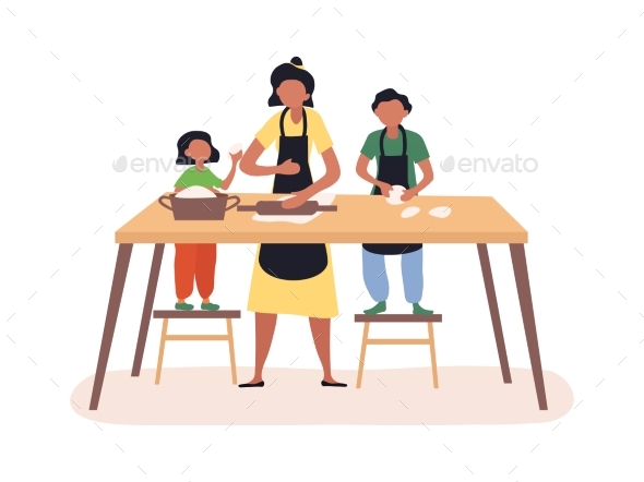 Mom and Her Kids Boy and Girl Cooking