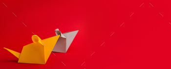 origami symbol of 2020 on red background, free space for text, minimalism, panorama. Happy Chinese New Year 2020 year
