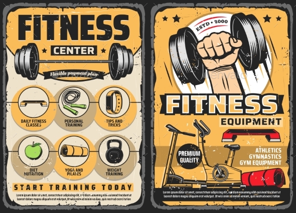 Fitness Center, Gym Equipment Retro Vector Posters