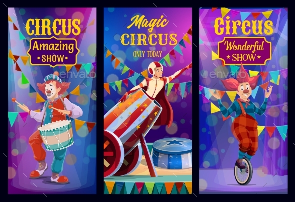 Circus Show, Big Top Performers Vector Banners.