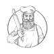 Hipster Baker with Full Beard Holding a Rolling Pin Front View Drawing Black and White - GraphicRiver Item for Sale
