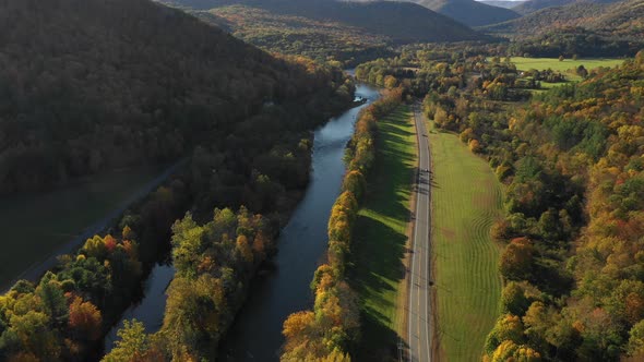 Beautiful fall autumn leaves colorful mountain vista aerial in new england USA