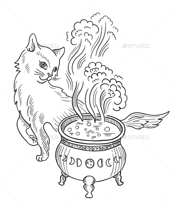 Cat Witch and Cauldron with Witchcraft Halloween