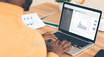 Businessman At Laptop Working With Internet Marketing Charts In Office