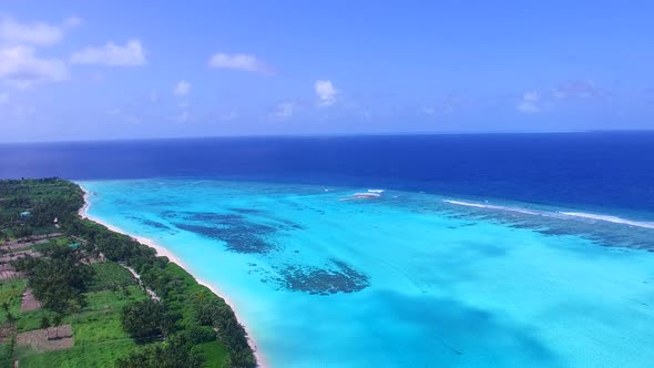 Wide angle abstract of tropical tourist beach by blue water and sand background near reef