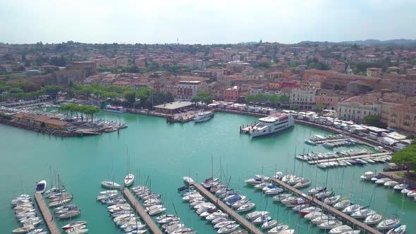 Aerial View Overlooking Beach and Lake in Limone Sul Garda, Lake Garda, Lombardia, Italy, Europe