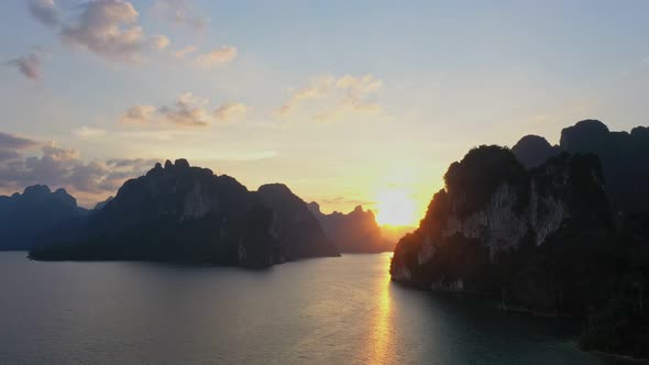 Aerial Photography Sunset In The Channel Of Mountain