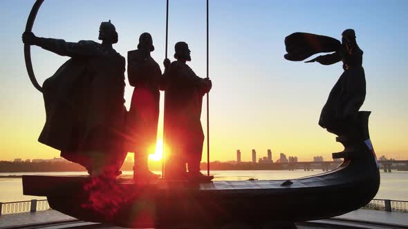 Kyiv, Ukraine - a Monument To the Founders of the City in the Morning at Dawn. Aerial