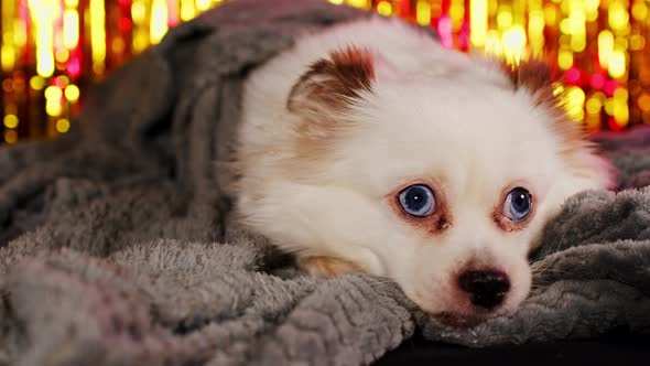 Fluffy Dog Under Blanket in Studio