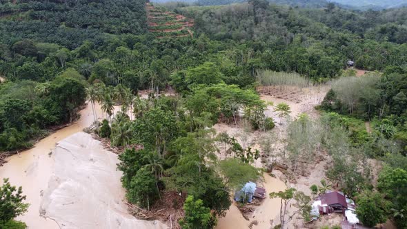 Aerial view flash flood scene at rural area