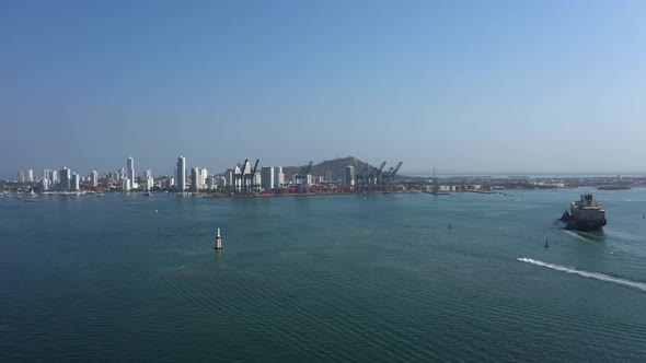 Cargo Ship Enters the Cargo Port in Cartagena Colombia