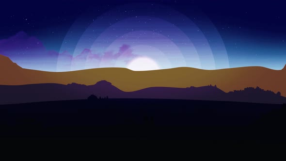 Animated cartoon desert dunes on a starry night with moon