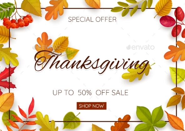 Thanksgiving Day Vector Sale Poster Autumn Leaves