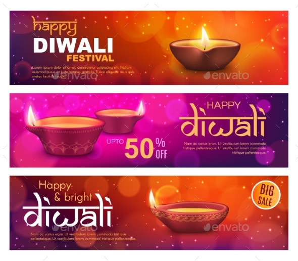 Diwali Sale Offer Banners, Indian Deepavali Lamps