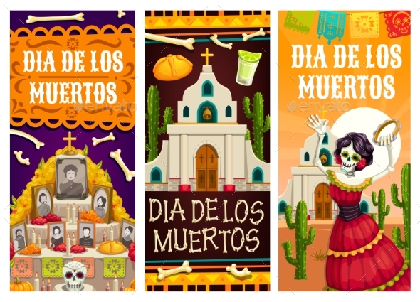 Day of Dead or Mexican Dia De Los Muertos Banners