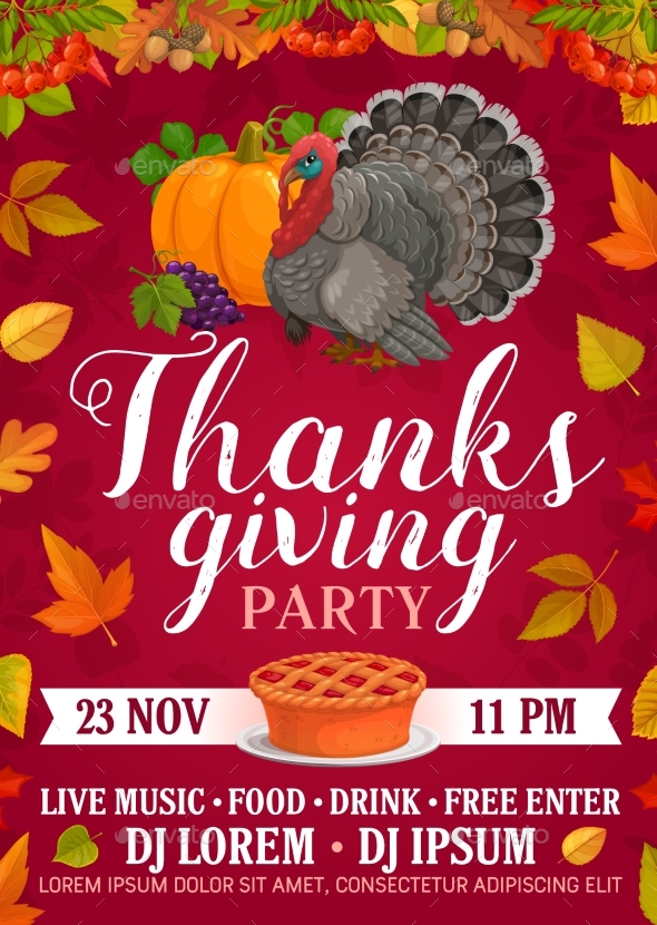 Thanksgiving Party Vector Flyer with Pie or Turkey