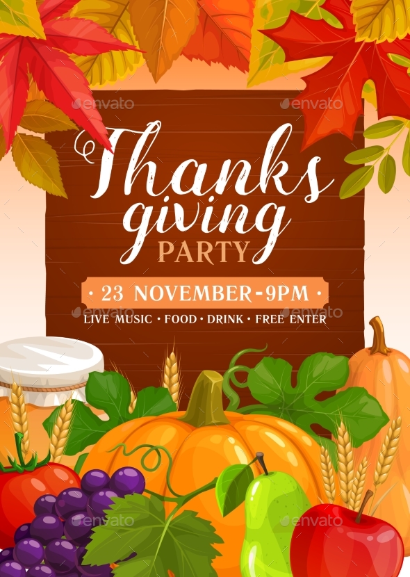 Thanks Giving Party Vector Flyer with Pumpkins