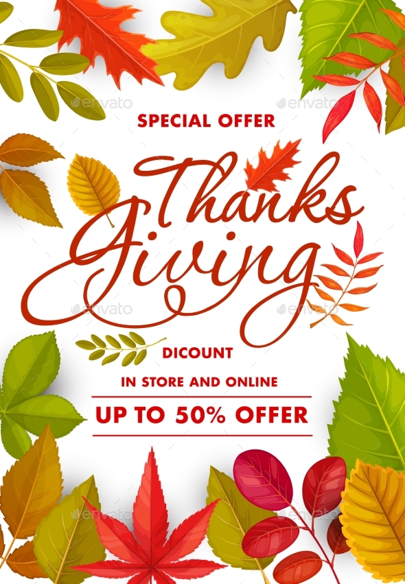 Thanksgiving Sale Vector Poster with Autumn Leaves