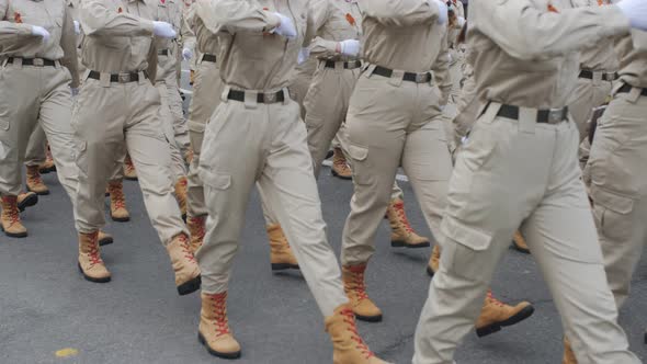 Young Soldiers in Brown Army Uniforms and White Gloves March in a Parade or Demonstration