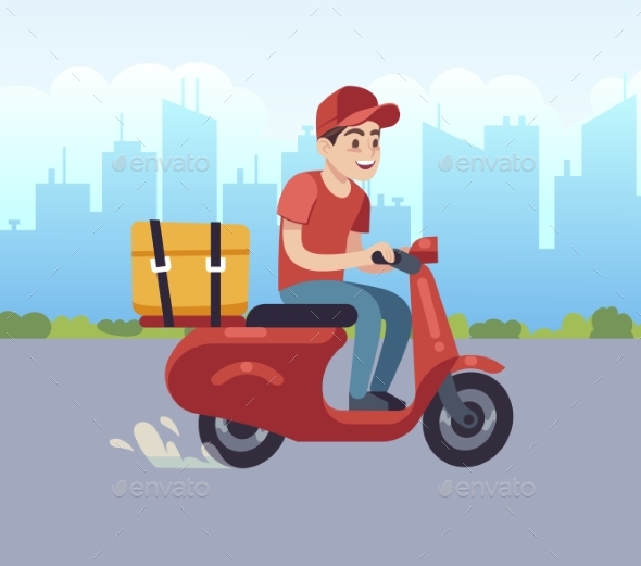 Scooter with Delivery Man Fast Courier