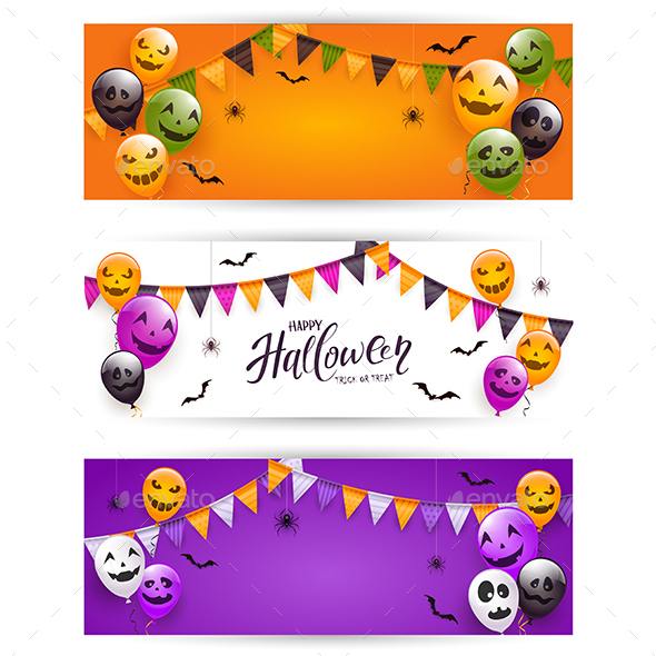 Set of Halloween Banners with Balloons and Spiders
