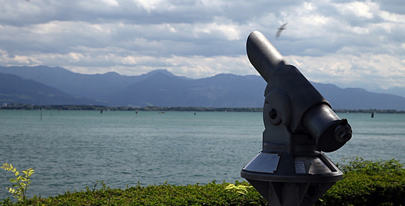 Telescope At Bodensee-Lake with birds and ships