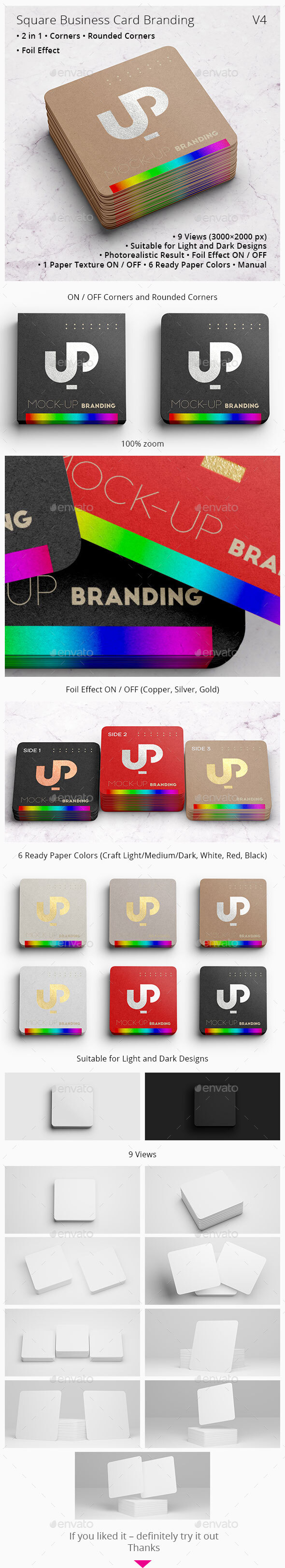 Download 2 in 1 Square Business Card Branding with Corners, Rounded Corners and Foil Effect. Template Mock-Up on graphicriver